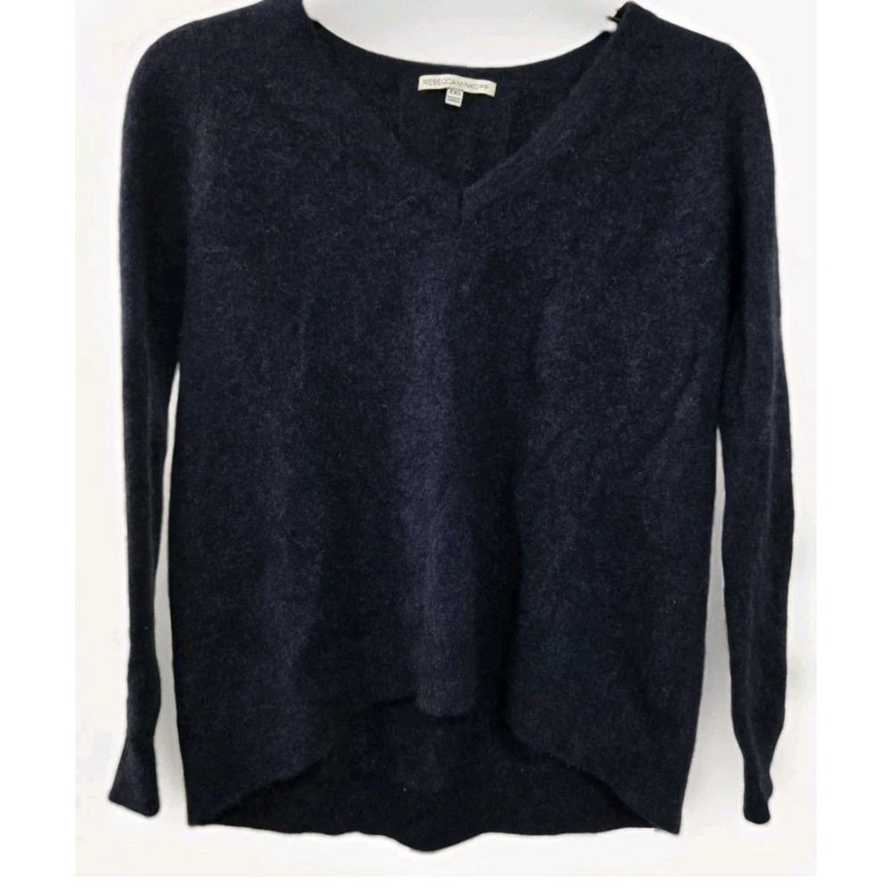 Rebecca Minkoff Navy Blue Cashmere V-Neck Pleated Back Sweater XXS